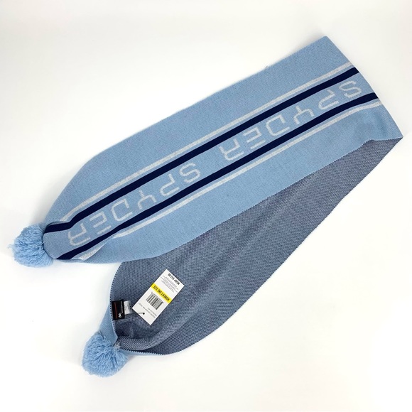 Spyder NWT Frost Blue Jacquard Logo Scarf with PomPoms, One Size - Picture 2 of 16